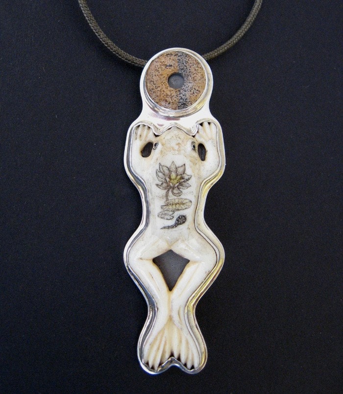 Original Scrimshaw frog with lotus carved bone pendant and pin