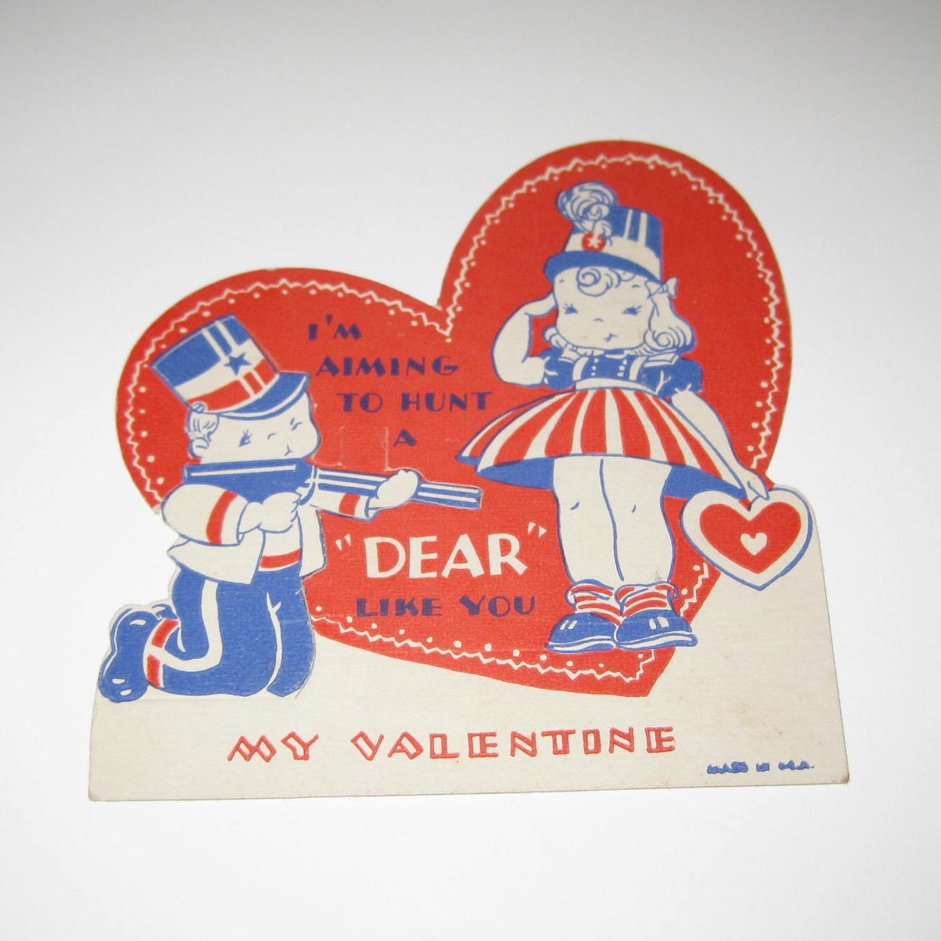 Vintage Patriotic or Military Novelty Valentine Greeting Card with Girl Boy and Gun