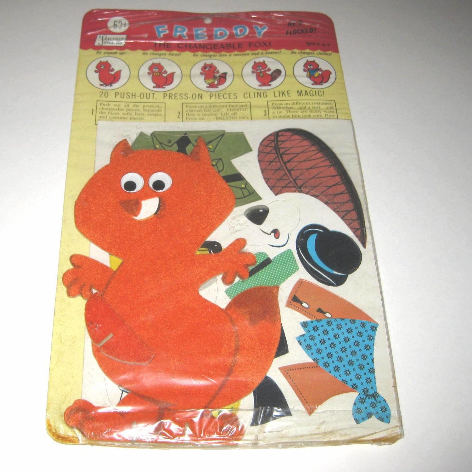 Vintage Childrens Flocked Freddy the Changeable Fox Paper Doll Set in Original Package