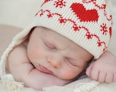 White and Red Knit Hat -  Baby Hat with Earflaps and Ties Scandinavian Red Hearts Organic Natural Cotton - BabbidgePatch