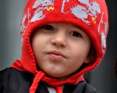 Knit Kids Hat  Earflap Hat in Red Grey Mouse holding Yellow Cheese Organic Cotton