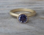 Matte 14k Yellow Gold and Navy Blue Iolite Solitaire OR Stacking Ring, Made To Order