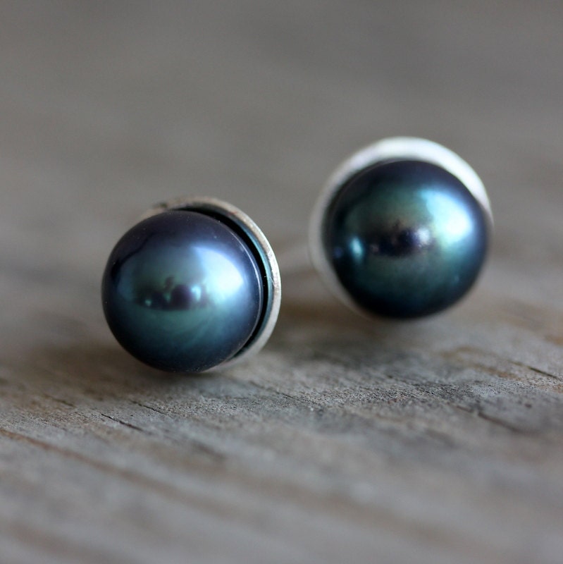 Classic Handmade Pearl Studs, Peacock Pearl 8mm Post Earrings, Freshwater Cultured Pearls