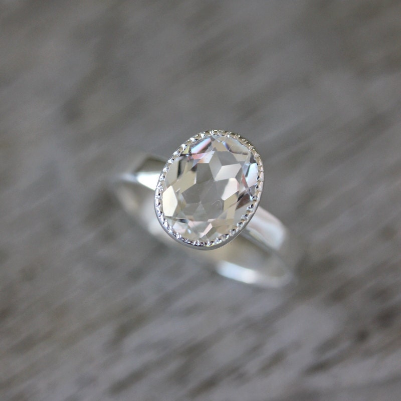 Vintage Inspired Handmade Engagement Ring,  Milgrain White Topaz Ring in Sterling Silver, Made To Order