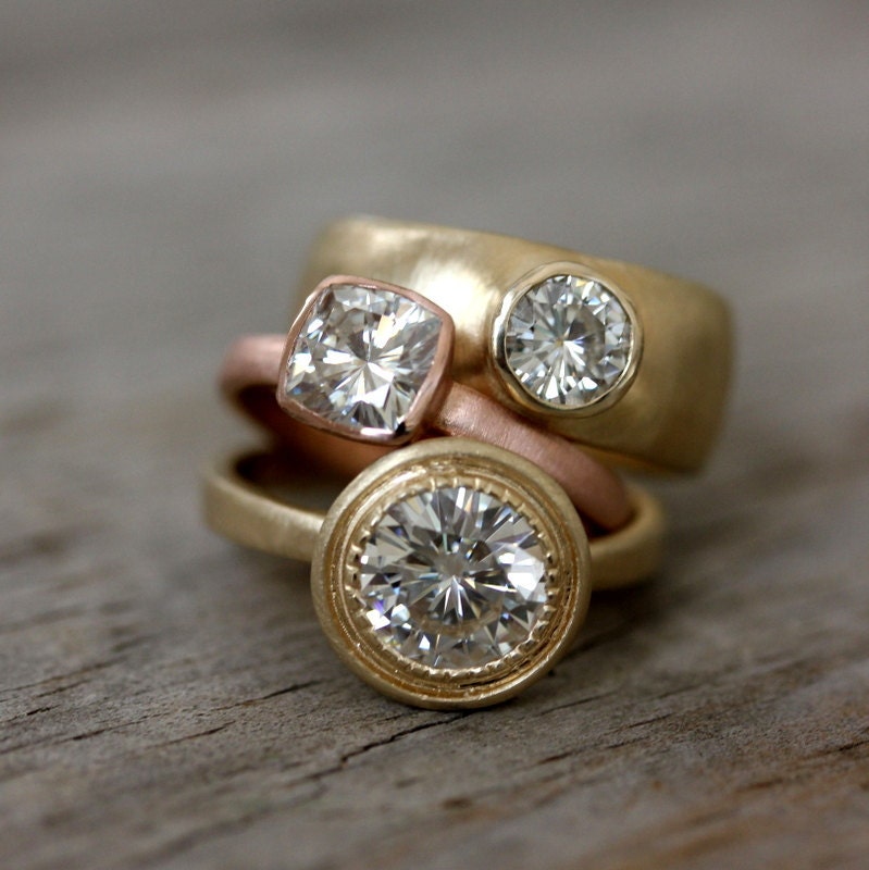 Moissanite and 14k Yellow Gold Engagement Ring, Matte Gold and MIlgrain Textured Bezel