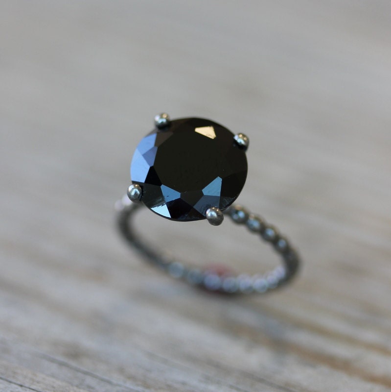 Black Spinel and Blackened  Sterling Silver Solitaire Ring, Cocktail Ring Made in Your Size