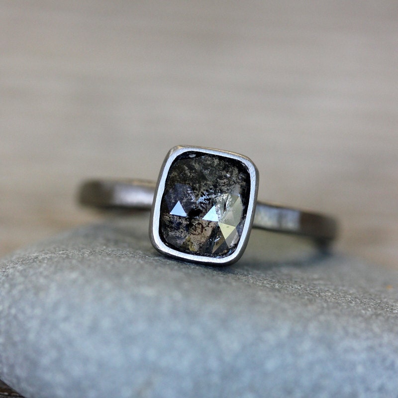 Rose Cut Diamond and 14k Palladium White Gold Ring, Cushion Cut Diamond Ring, Made in Your Size