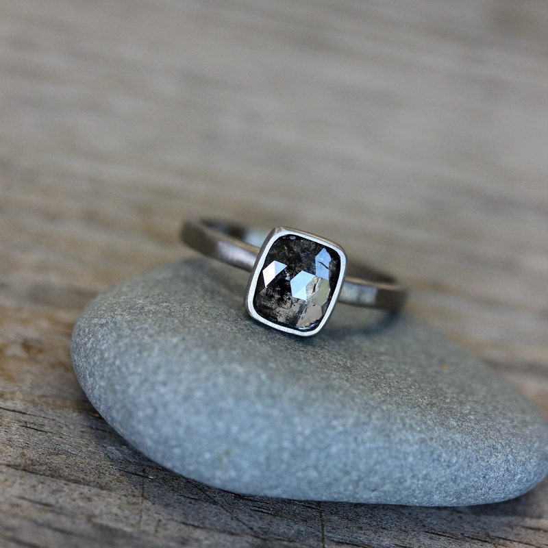 Rose Cut Diamond and 14k Palladium White Gold Ring, Cushion Cut Diamond Ring, Made in Your Size