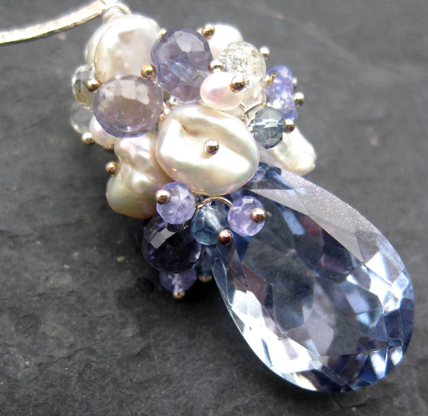 Periwinkle quartz, pearl necklace in sterling silver amethyst white topaz tanzanite garden party mermaid bride gemstone jewelry --Sogno--