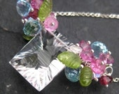 Crystal quartz, garnet, pink topaz necklace sterling silver geometric cluster statement garden party sea fairy bright colors --Fleurs--