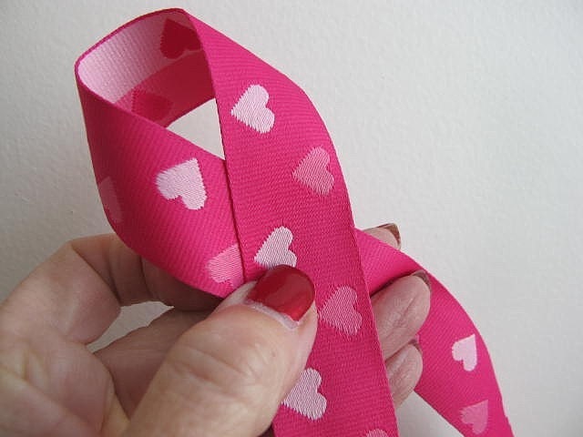 3 yards AWARENESS  Jacquard trim. REVERSIBLE, Pink, white, on shocking pink. Medium width. 1 inch wide. 714-B. Awareness ribbon.
