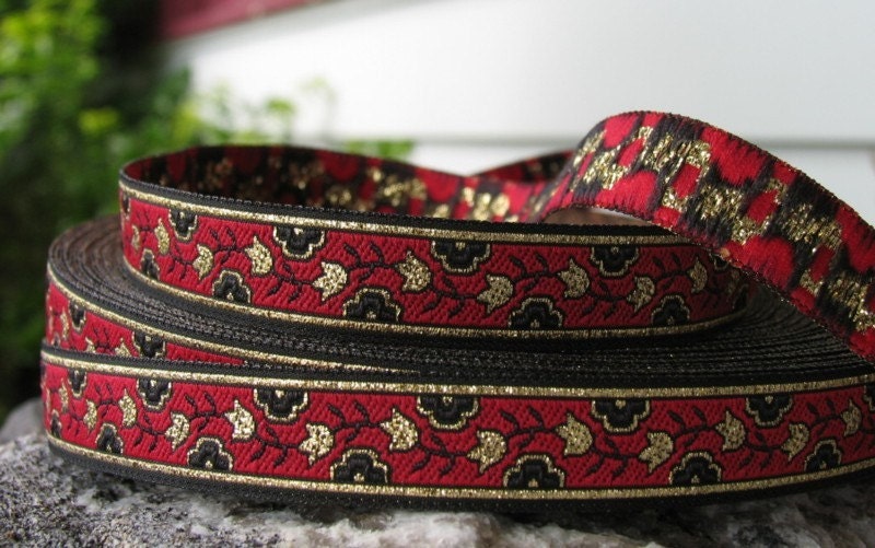 3 yards MILLE FIORE Jacquard trim in red, gold and black. 5/8 inch wide. 609-C