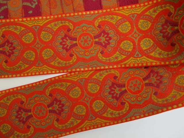 2 yards ESCARBUNCLE Jacquard trim in wine red, mustard, olive green, gold, on orange. 2 1/4 inch wide. 732(2)-C