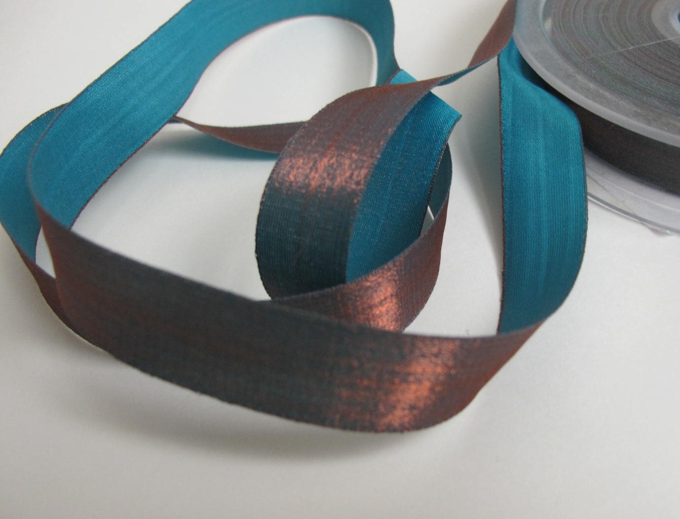 3 yards COLOR CHANGE IRIDESCENT Satin ribbon. Very tight weave. Bronze and Turquoise. 5/8 inch (16mm) wide. s470-6 Made in France