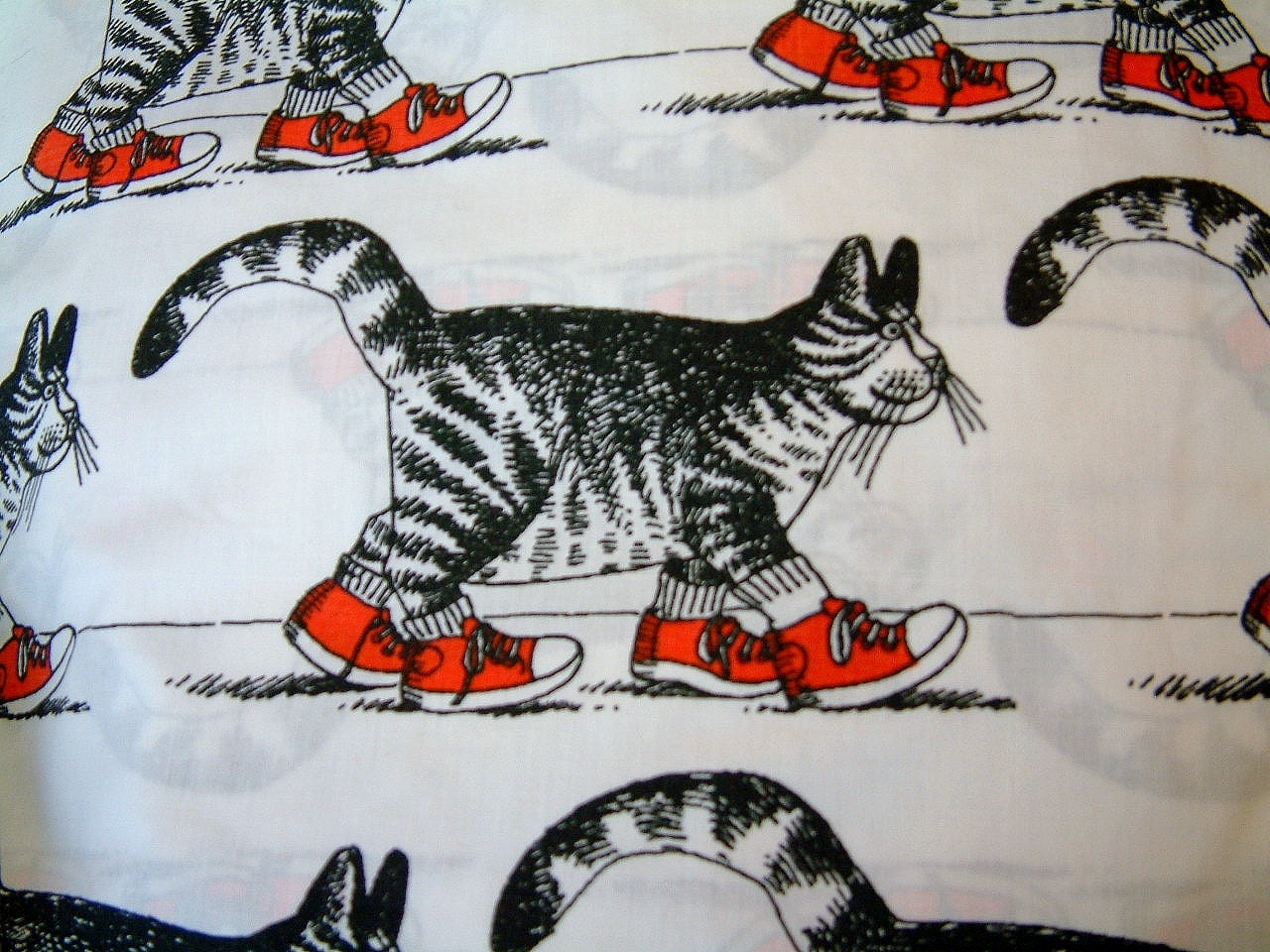 1980s Kliban Cartoon Sketched Black and White Cat in Red Sneakers Twin Sized Sheet for Bedding or Fabric