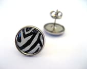 Zebra Studs - Black and White circular animal print post earrings - NightsRequiem