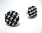 Black Gingham Studs - Black and white checker plaid fabric on hypoallergenic post earrings studs modern rockabilly