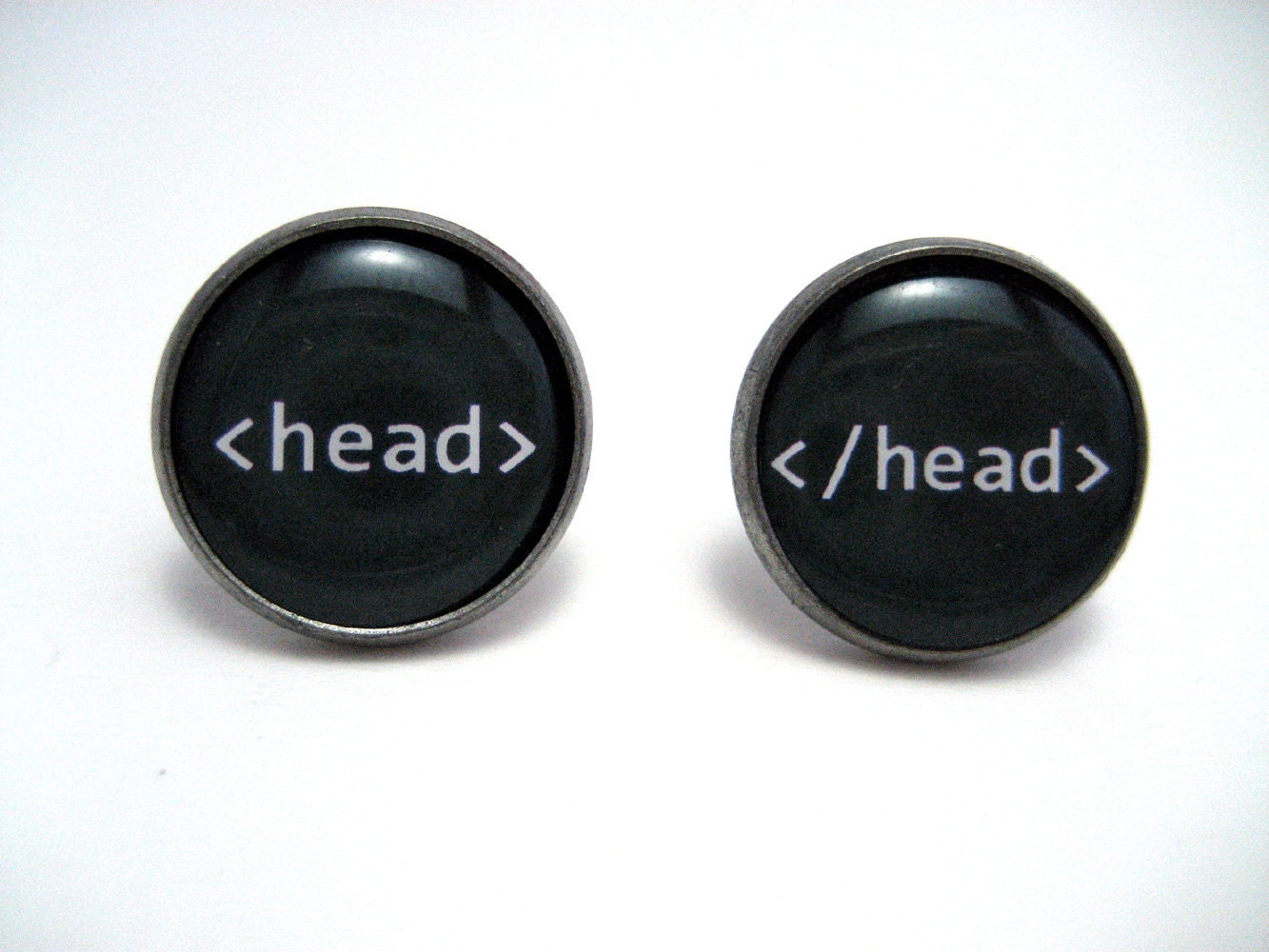 Head tag HTML Studs - Web designer black and white text head tag post earrings - Geekery Geek Chic Techie Computer Programmer
