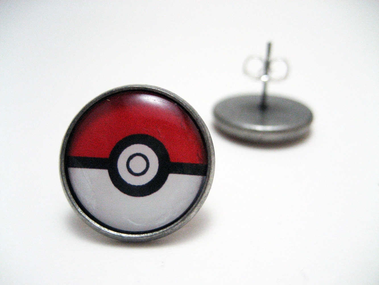 Pokemon Pokeball Studs - Red and white pokemaster pokeball post earrings LARGE - Geekery Geek Chic Gamer