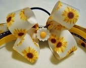 Yellow Sunflower Hairbow with  Crochet Flower Center Ponytail Holder