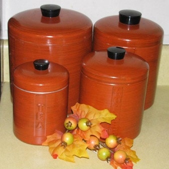 Retro Aluminum Canister Flour, Sugar, Coffee, Tea Tins, 1970's vintage Rustic Burnt Orange, Nesting Canisters, Groovey Hip classic 70's