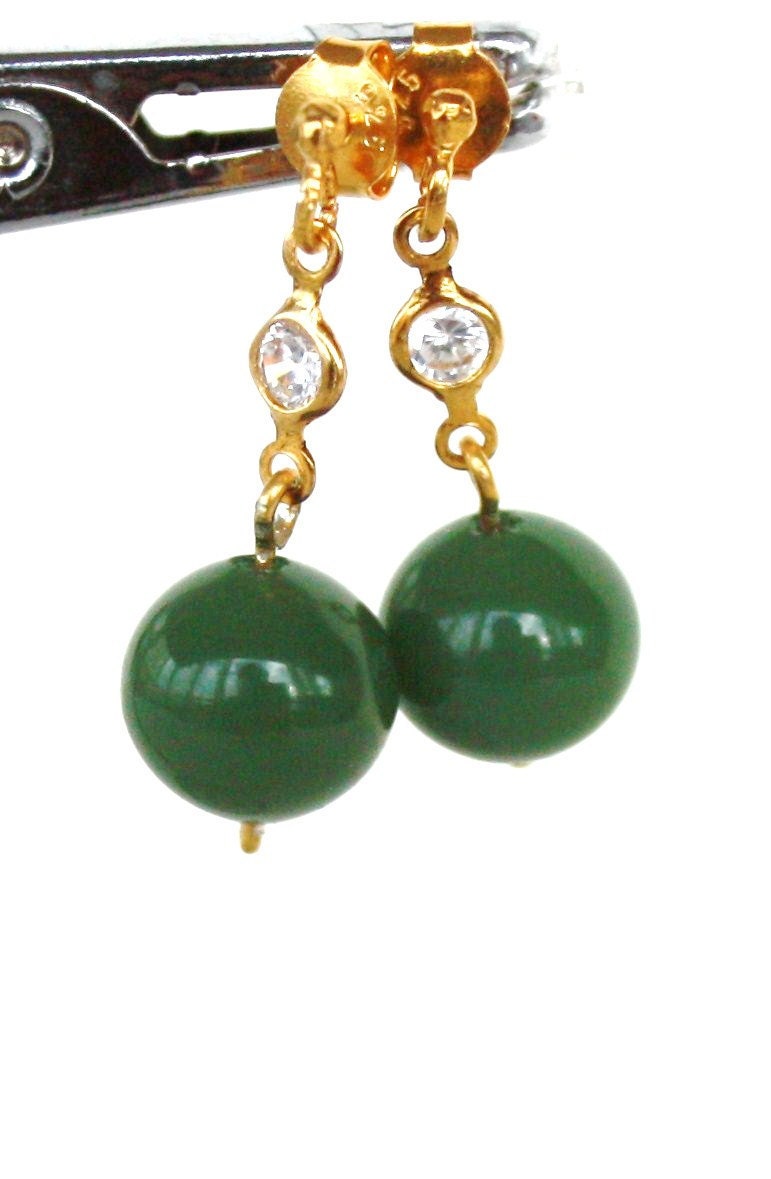 9mmJade earrings - gold gilded sterling silver, colorless zircon and Jade - handmade - Lenght:0,9inch