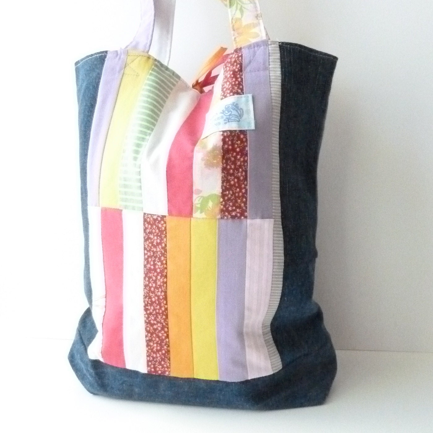 Fabric Tote - Tween Teenager Patchwork Bag - Handcrafted Fabric Fiber Art Ladies Notebook Bag - Large Cotton Womens Purse