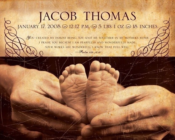 PERSONALIZED Baby Scripture Art CREATED (Psalm 139) 8X10 Fine Art Print