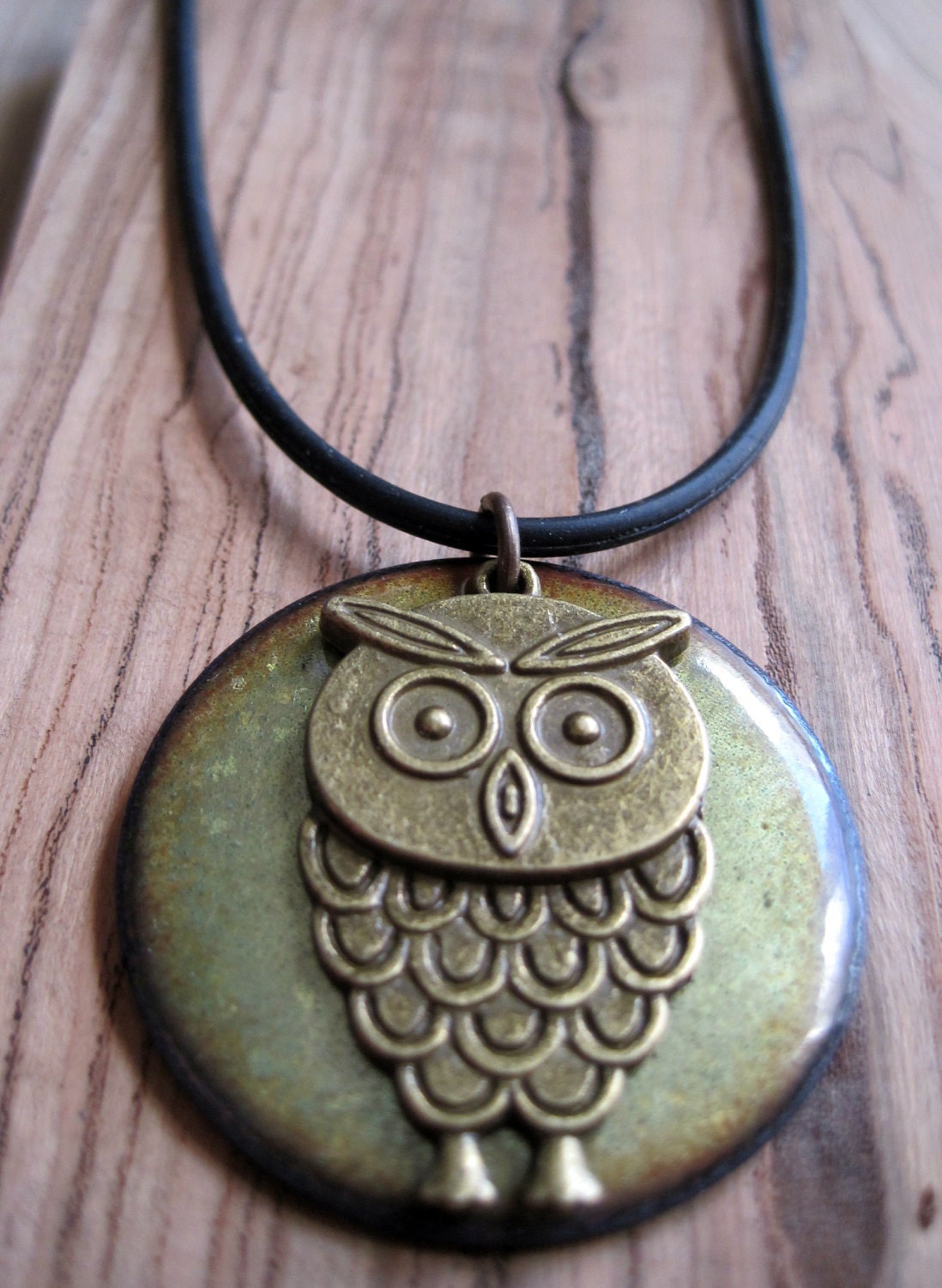 Owl Jewelry, Enamel Owl Necklace, Olive Green Pendant, Moss Green Enamel Jewelry, Woodland Jewelry