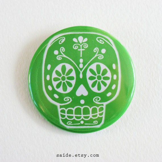 Green Sugar Skull Day of the Dead Art Button Pin