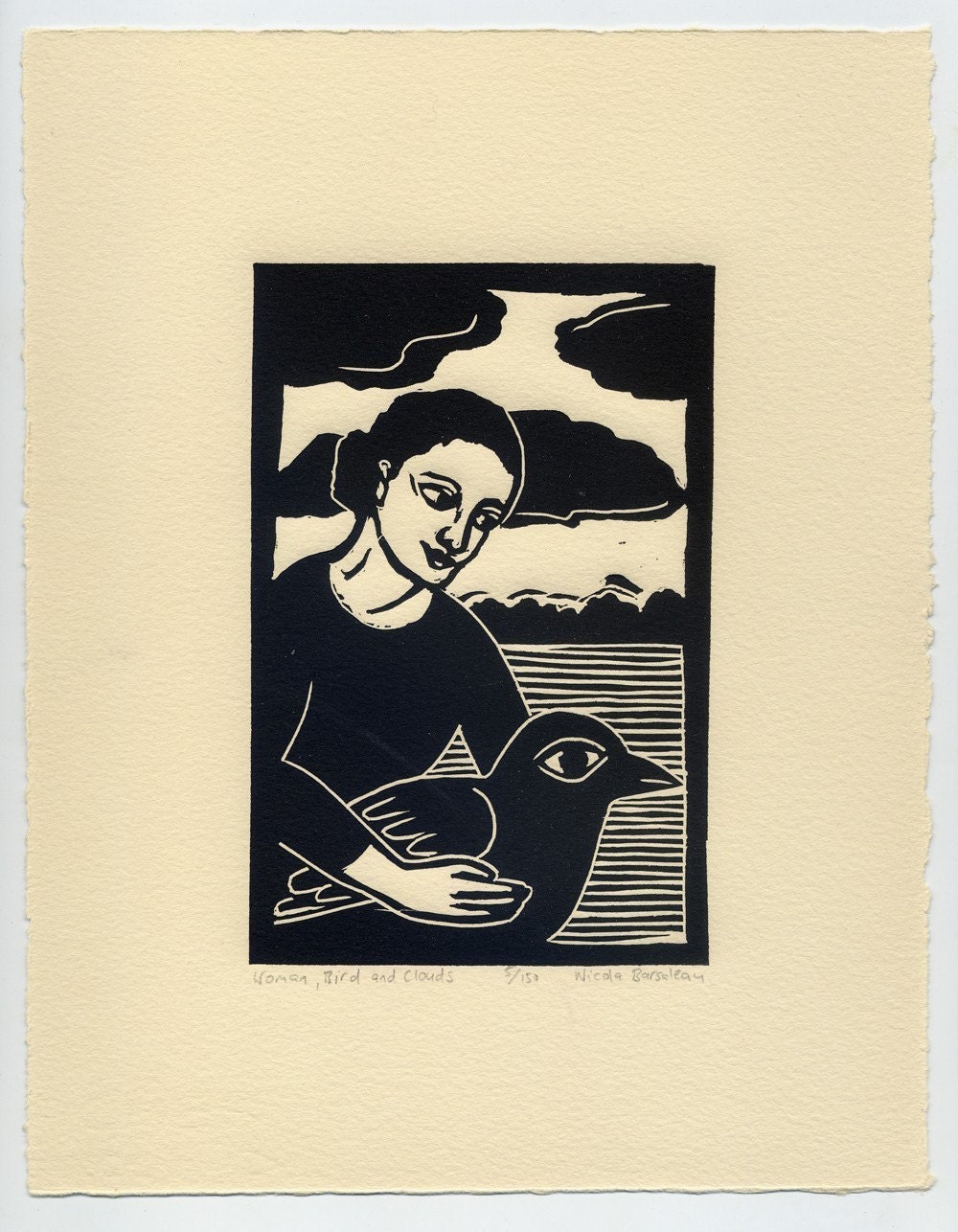 WOMAN, Bird and Clouds relief linocut