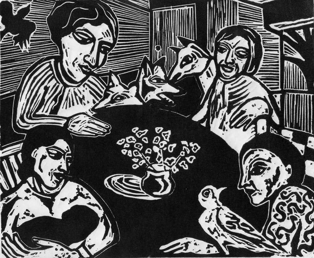 AROUND THE TABLE original relief linocut