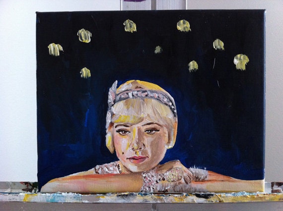ORIGINAL Painting GREAT GATSBY Carey Mulligan Starry Night 8x10"