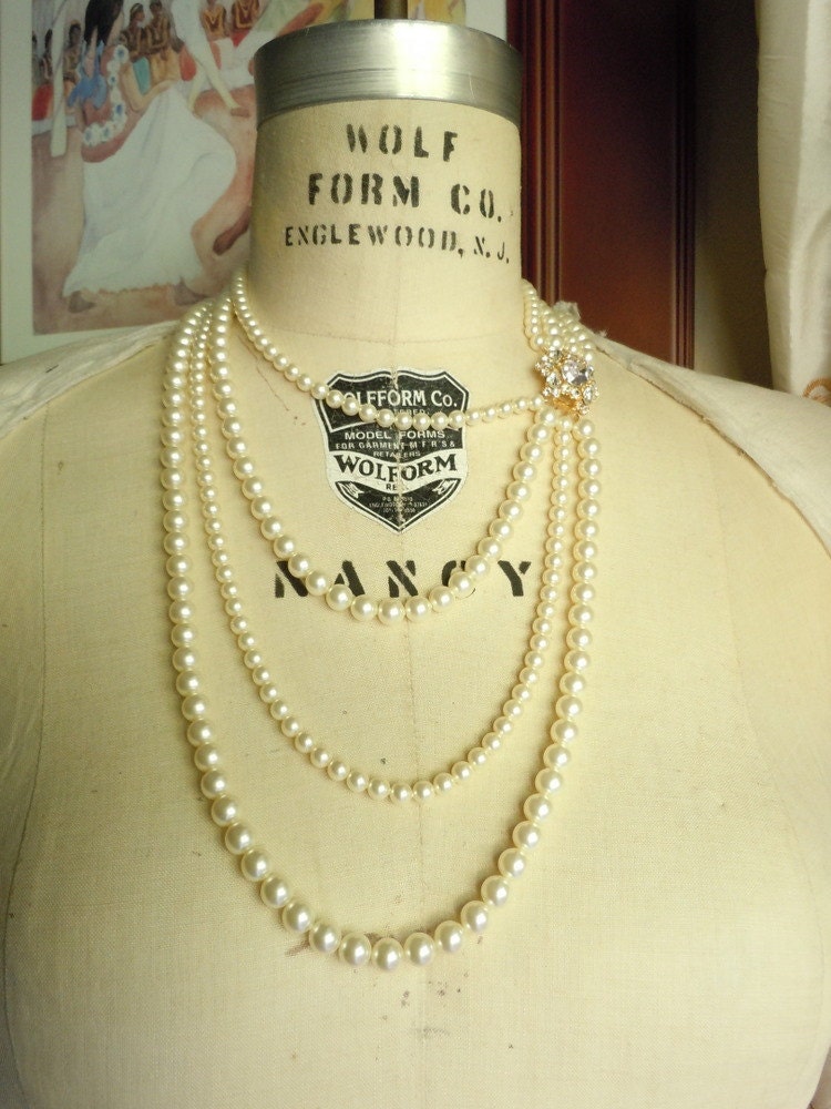 Sophie Ann...Four Strand Swarovski Pearl Necklace with Rhinestone Clasp...Gold tone...FREE SHIPPING