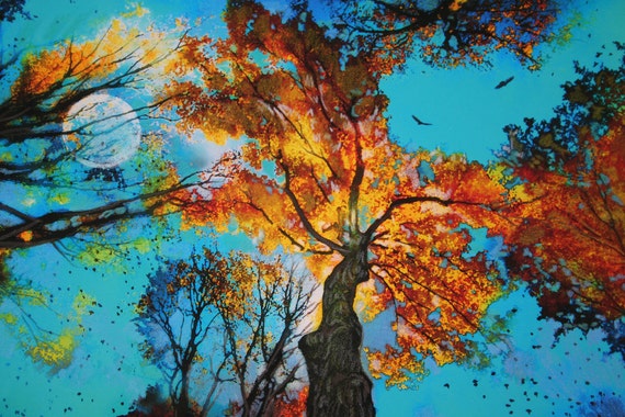 Evening celebration, 8x10, Fine Art photograph, a original, Fall trees, full moon, Nature decor, Wall decor, turquoise blue, woodlands, moon