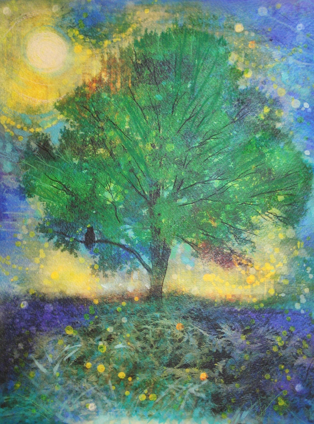 Firefly Summer nights,11x14, Original, landscape, mixed media, tree photo, Fine art photograph, green art, tree, owl, nature decor, moon
