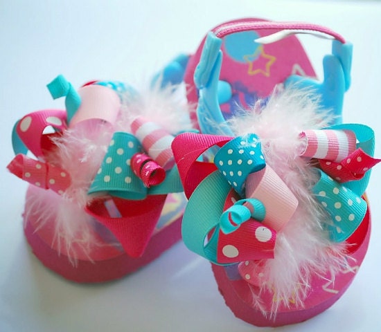boutique SHOCKING pink and TURQUOISE FUNKY fun flip flop bow sandals