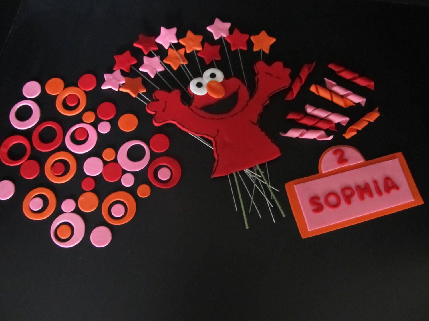 Girls Elmo inspired Fondant  Cake Toppers Complete Set Cake Decorations