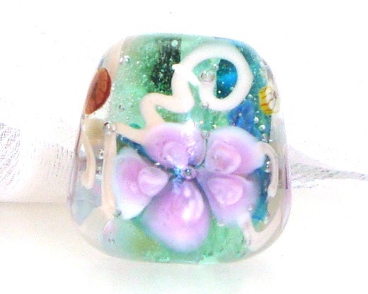 Handmade Lampwork Bead Floral Mint Aqua Purple Lavender Lilac Pink Vines Flowers Murrini Artisan Dichroic Glass Focal SRA -- Romantic Line