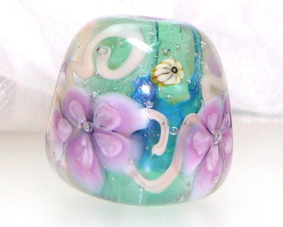 Handmade Lampwork Bead Floral Mint Aqua Purple Lavender Lilac Pink Vines Flowers Murrini Artisan Dichroic Glass Focal SRA -- Romantic Line