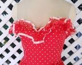 SALE vintage gunne sax jessica mc clintock bright  red and white polka dot strapless party dress gown vintage size 7, usa made