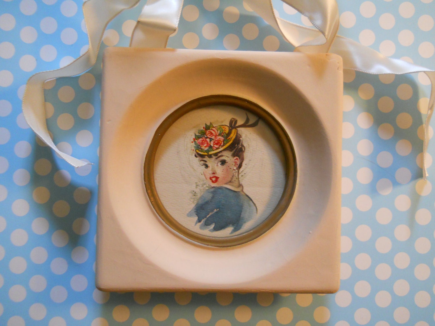sassy. framed vintage print with ribbon hanger 1950s