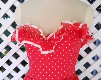 SALE vintage gunne sax jessica mc clintock bright  red and white polka dot strapless party dress gown vintage size 7, usa made