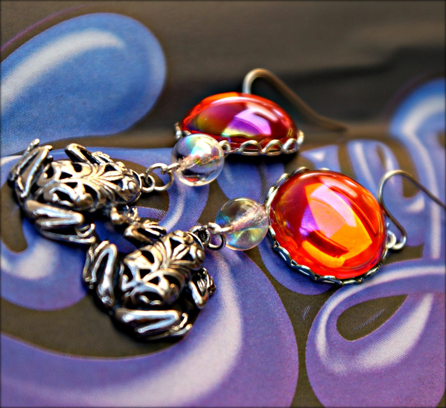 Frog Earrings - Statement Jewelry - Tangerine Tango Maori Orange - Rainbow Dewdrop & Kaleidoscopic Colors