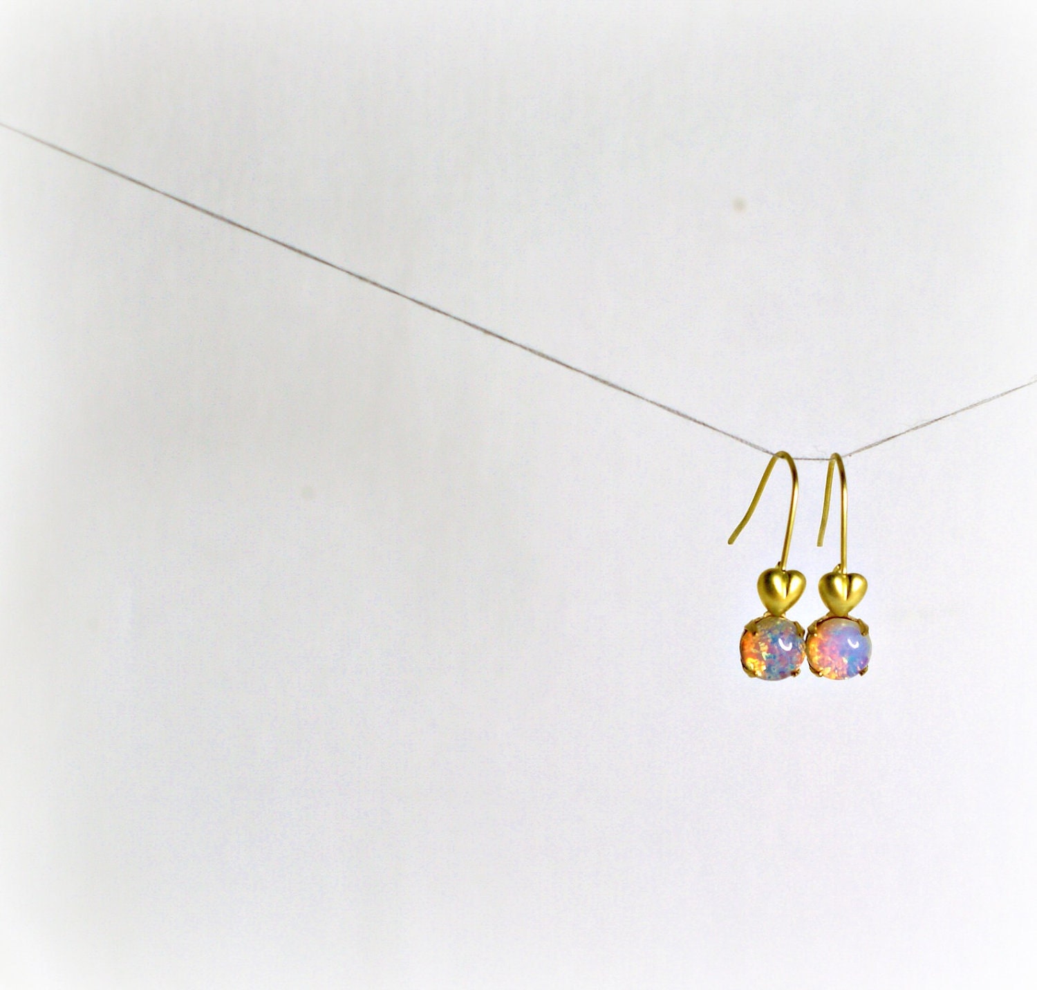 Vintage Glass Opal & Tiny Heart Earrings