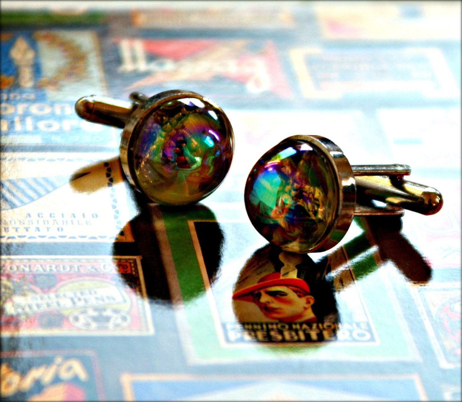 Hologram Cuff Links - Wedding Men's Jewelry - Rainbow Light Catcher Hologram Dragonfly Cufflinks - Men's Accessories