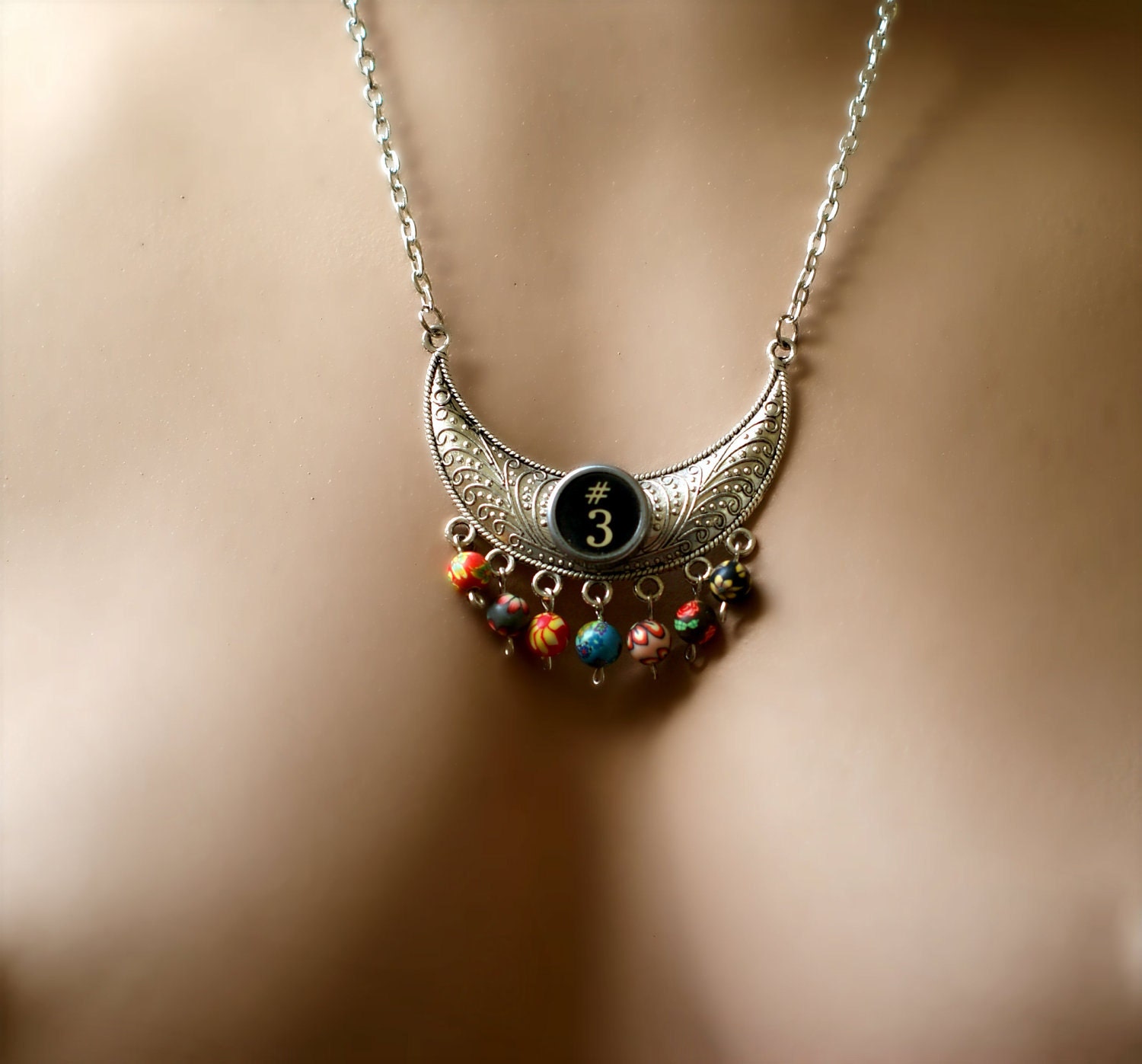 Vintage Typewriter Key Necklace with Multicoloured Polymer Clay Beads