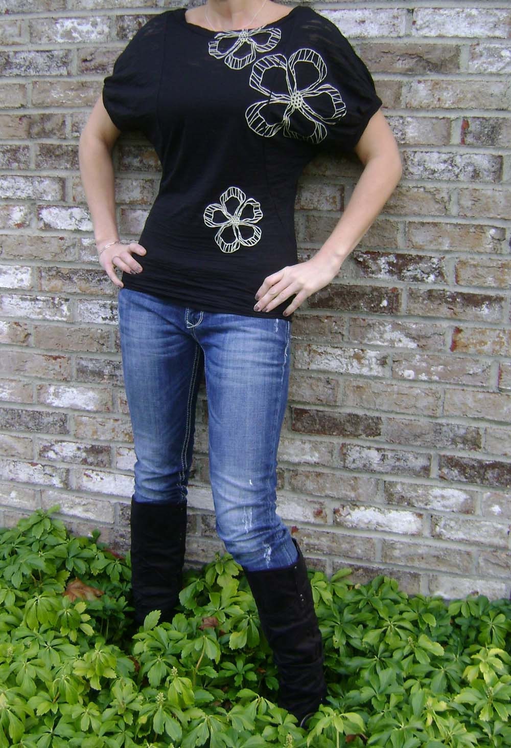 S, M, L, XL, XXL   Patterned Petals Dolman Sleeve Tee in Black