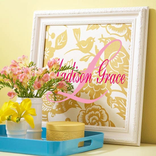 Boy or Girl Fancy Monogram Initial with Name 2 colors Vinyl Wall Art Decal Sized for 20x20 frame