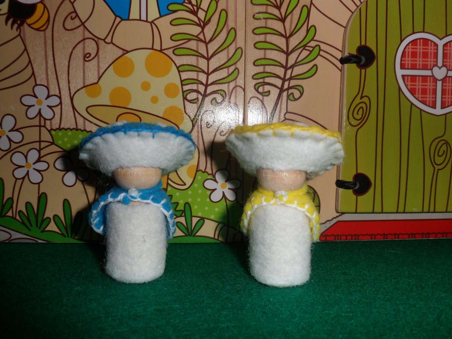 Adorable pair of Turquoise Blue and Bright Yellow Wool Waldorf Style Toadstool Mushroom Gnomes